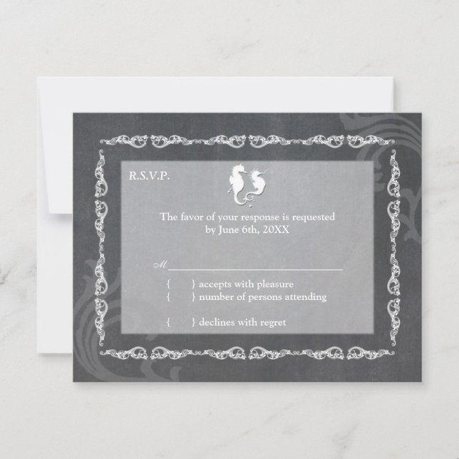 Graustufen Seepferd Beach Wedding UAWG RSVP Karte (Vorderseite)