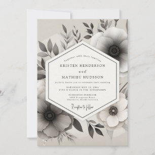 Graustufen-Tusche-Anemone-Hochzeit Einladung
