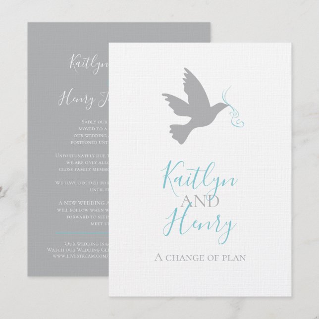 Grautaube Aqua Blue Band Änderung der Hochzeitsplä Einladung (Vorne/Hinten)
