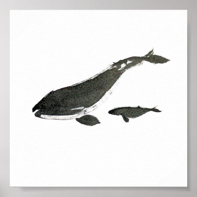 Grauwal Mama and baby sumie ink painting Poster (Vorne)