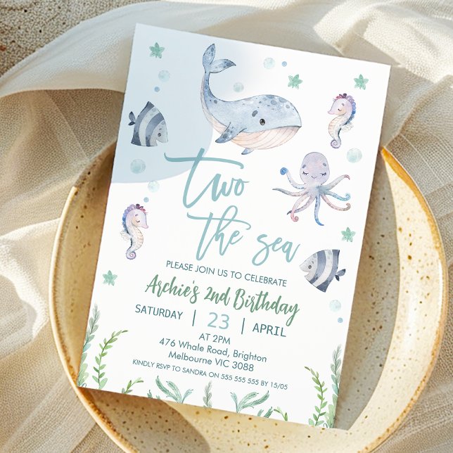 Grauwal Zwei der Meere 2. Geburtstag Einladung (Boys TWO the Sea 2nd Birthday Party Invitation, Cute Whale Under the Sea Second birthday Invite )