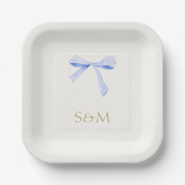 Grauweiß | Dusty Blue Watercolor Ribbon Wedding Pappteller