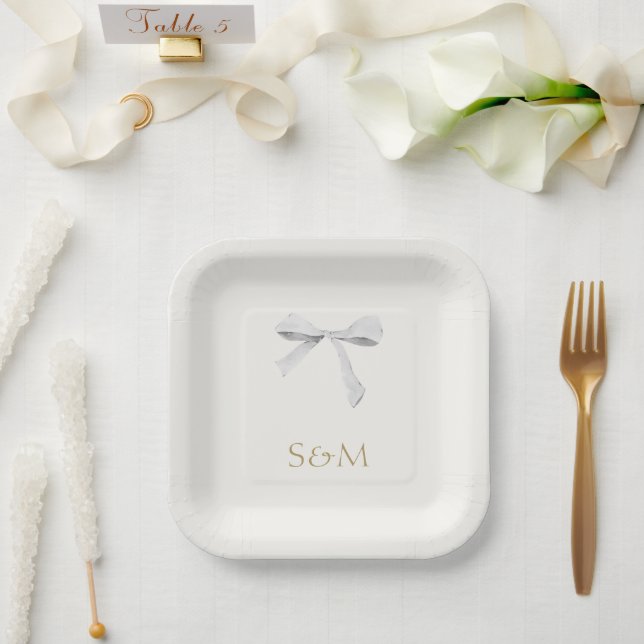 Grauweiß | White Ribbon Bow Wedding Pappteller (Hochzeit)