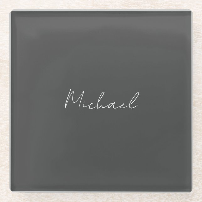 Grauweiße Handschrift Minimalistisch Ihren Namen Glasuntersetzer (Vorderseite)