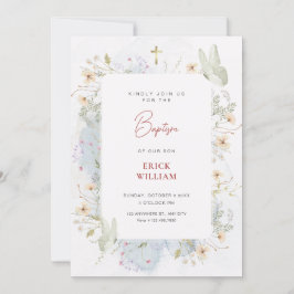 Grauweiße Wildblumen Aquarelltaufe Einladung