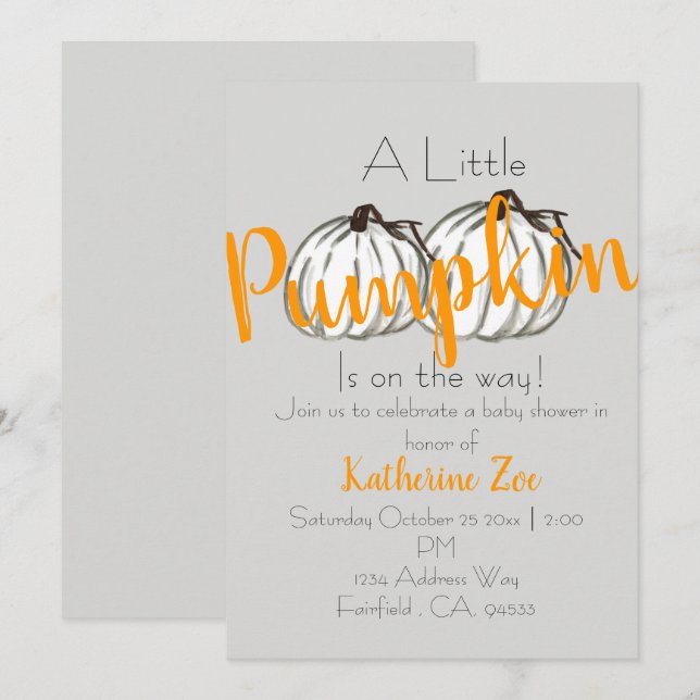 Grauweißer Kürbis Herbst Babydusche Einladung (Vorne/Hinten)