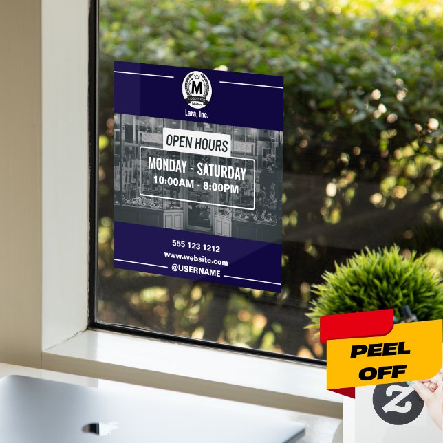 Grauweißer monochrome, einfache Open Hours Store Fensteraufkleber (Minimalist Navy & White Open Hours Window Clings & Frames)