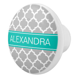 Grauweißes marokkanisches Monogramm #5 Aquamariner Keramikknauf