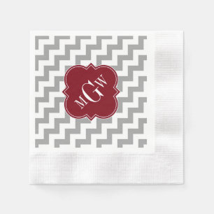 Grauweißes Zickzack Burgundy Quatrefolie 3 Monogra Serviette