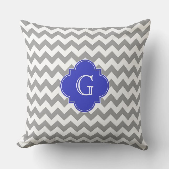 Grauweißes Zickzack Cobalt Blue Quatrefolienmonogr Kissen (Vorderseite)