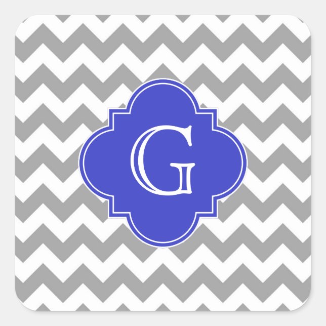 Grauweißes Zickzack Cobalt Blue Quatrefolienmonogr Quadratischer Aufkleber (Vorderseite)