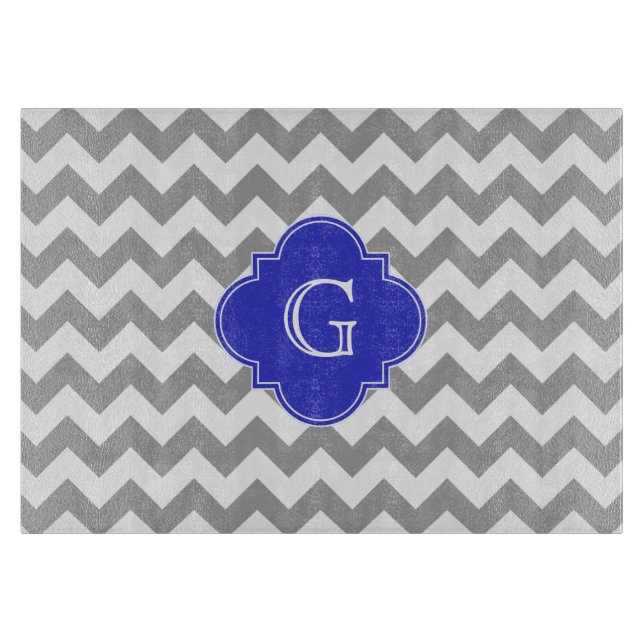 Grauweißes Zickzack Cobalt Blue Quatrefolienmonogr Schneidebrett (Vorderseite)