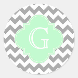 Grauweißes Zickzack-Minze-Quatrefolienmonogramm Runder Aufkleber