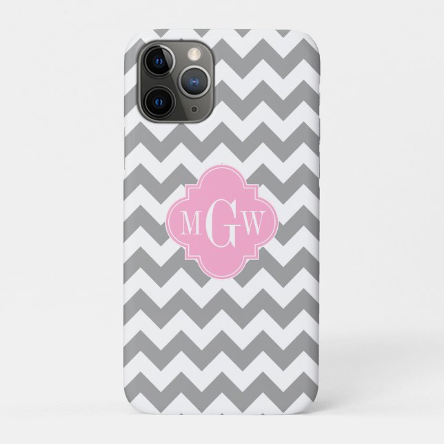 Grauweißes Zickzack rosa Quatrefolie 3 Monogramm Case-Mate iPhone Hülle (Rückseite)