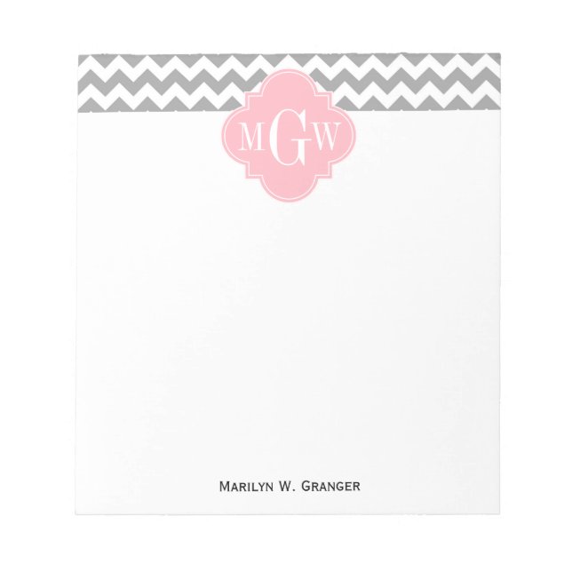 Grauweißes Zickzack rosa Quatrefolie 3 Monogramm Notizblock (Vorderseite)