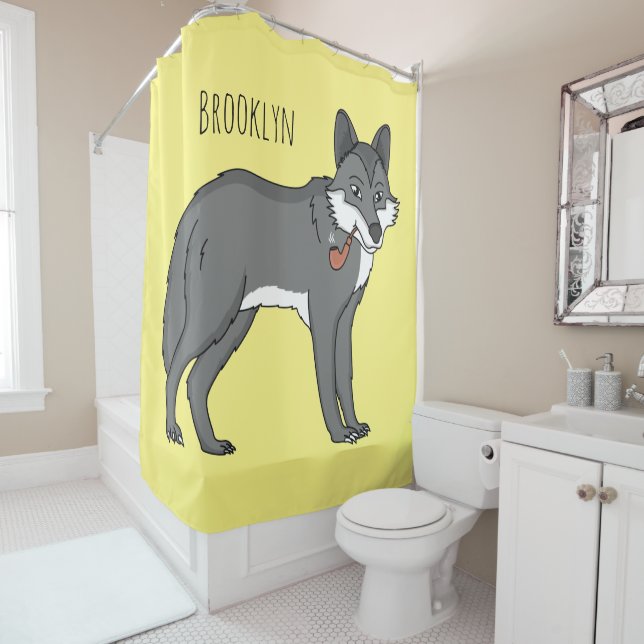 Grauwolf mit Pipe-Cartoon-Abbildung Duschvorhang (Beispiel)