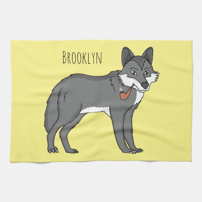 Grauwolf mit Pipe-Cartoon-Abbildung Geschirrtuch (Horizontal)
