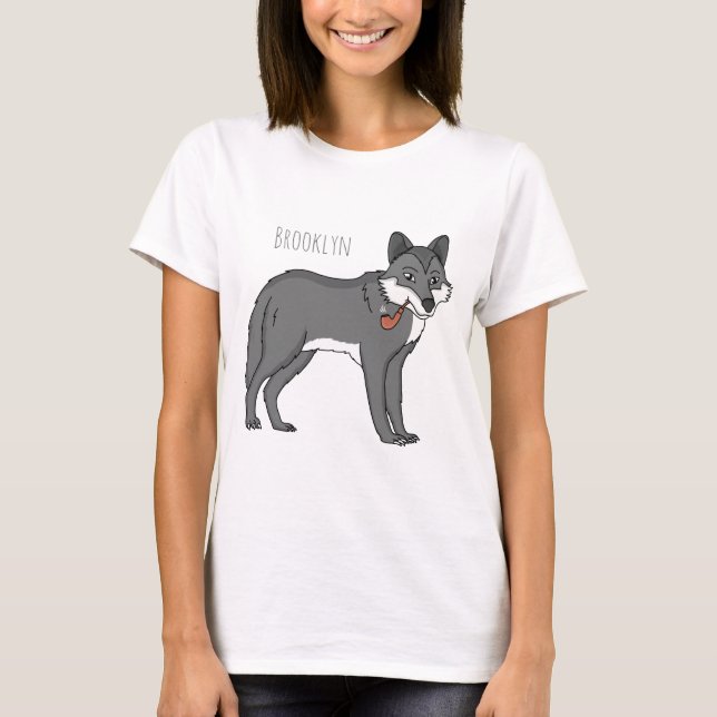 Grauwolf mit Pipe-Cartoon-Abbildung T-Shirt (Vorderseite)