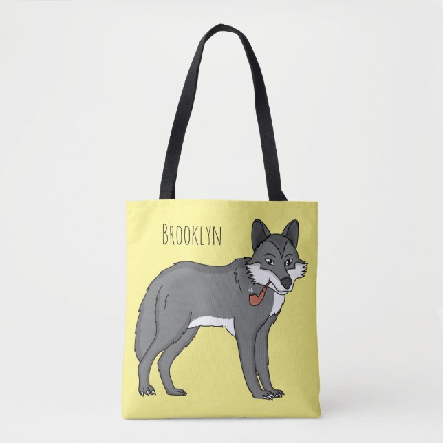 Grauwolf mit Pipe-Cartoon-Abbildung Tasche (Vorderseite)