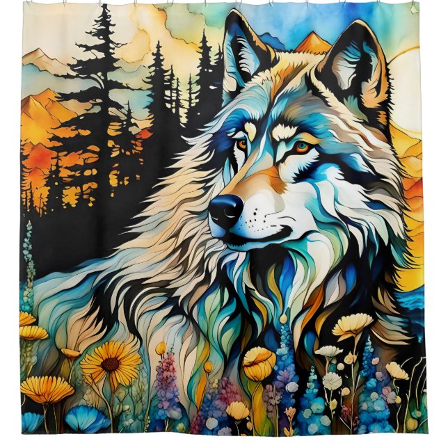 Grauwolf und Wildblumen Duschvorhang (Vorderseite)