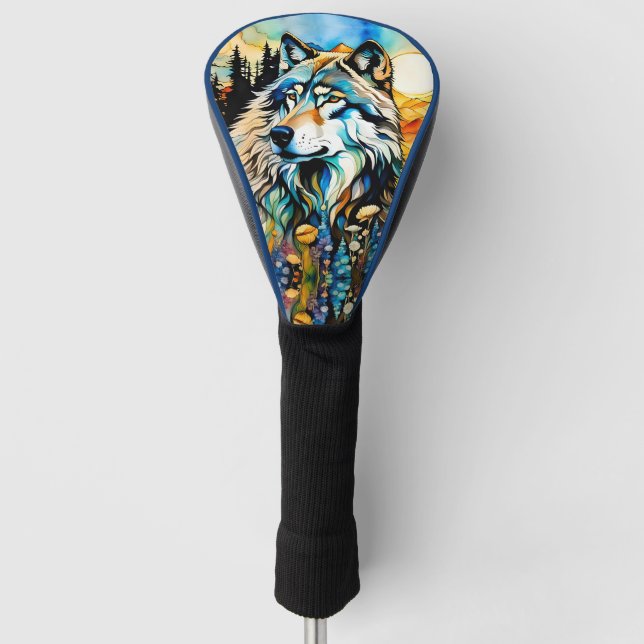 Grauwolf und Wildblumen Golf Headcover (Vorderseite)