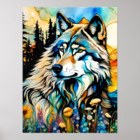 Grauwolf und Wildblumen