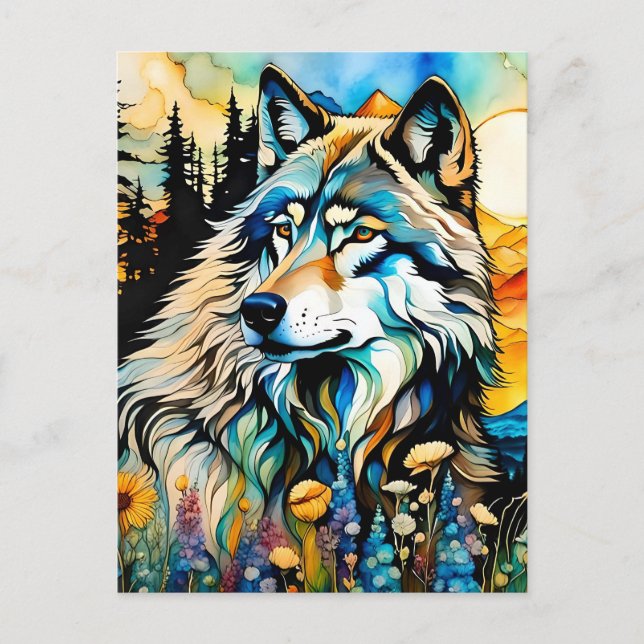 Grauwolf und Wildblumen Postkarte (Vorderseite)