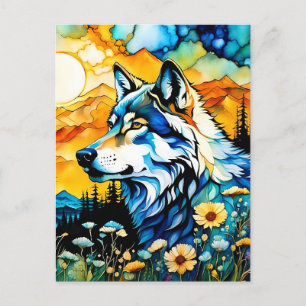 Grauwolf und Wildblumen Postkarte