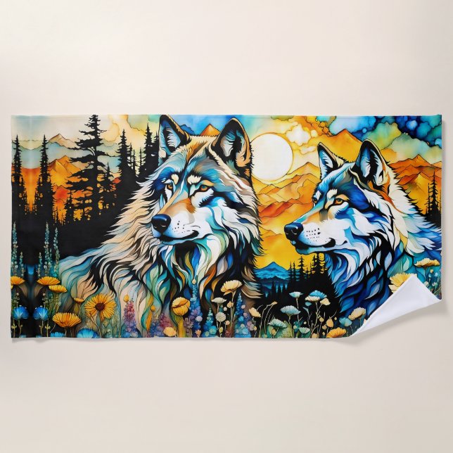 Grauwolf und Wildblumen Strandtuch (Vorderseite)