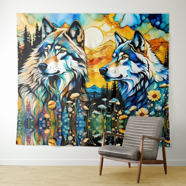 Grauwolf und Wildblumen Wandteppich (Beispiel (Horizontal))