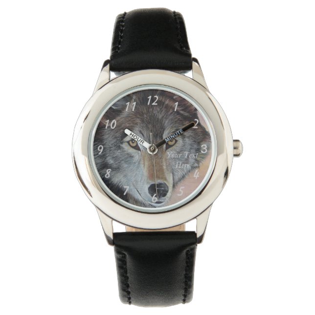 Grauwolf-Wildmalerei mit realistischen Porträtkuns Armbanduhr (Vorderseite)
