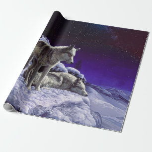 Grauwölfe im Winterschnee in der Nacht Geschenkpapier