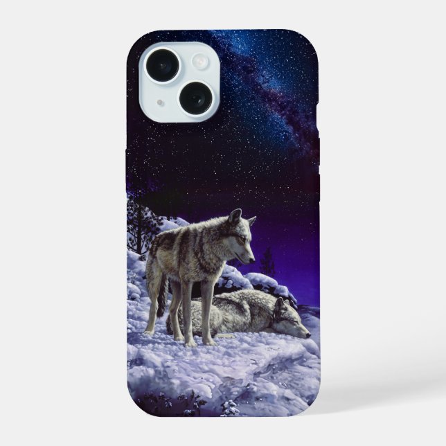 Grauwölfe im Winterschnee in der Nacht iPhone 15 Hülle (Rückseite)