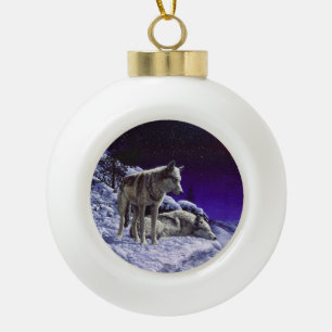Grauwölfe im Winterschnee in der Nacht Keramik Kugel-Ornament