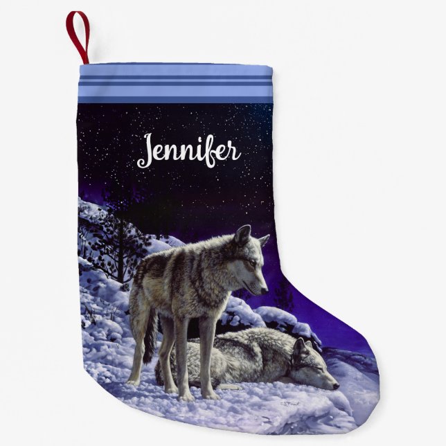 Grauwölfe im Winterschnee in der Nacht Kleiner Weihnachtsstrumpf (Vorderseite)