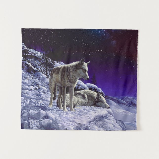 Grauwölfe im Winterschnee in der Nacht Wandteppich (Vorderseite (Horizontal))