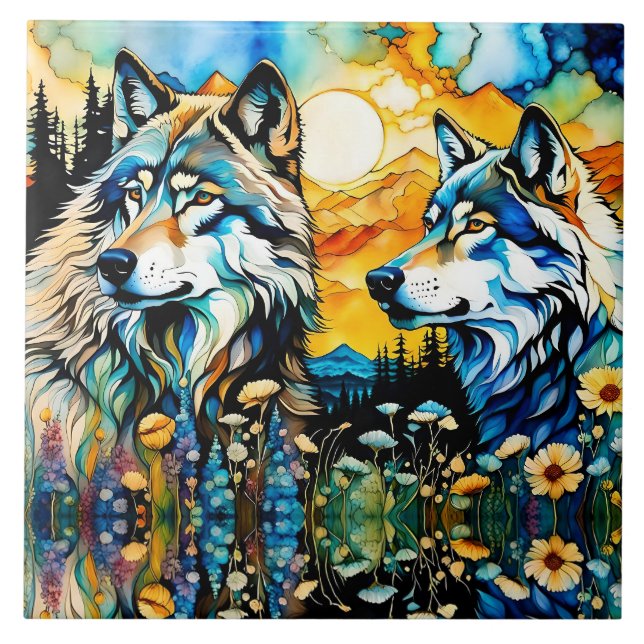 Grauwölfe und Wildblumen Fliese (Vorderseite)