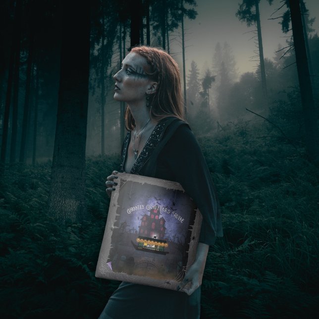 Graveyard Cruise Tote Tag Tasche (A woman holds a Ghostly Graveyard Cruise Tote Bag in the forest.)