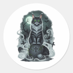 Graveyard Guardian - Maine Coon Halloween Runder Aufkleber
