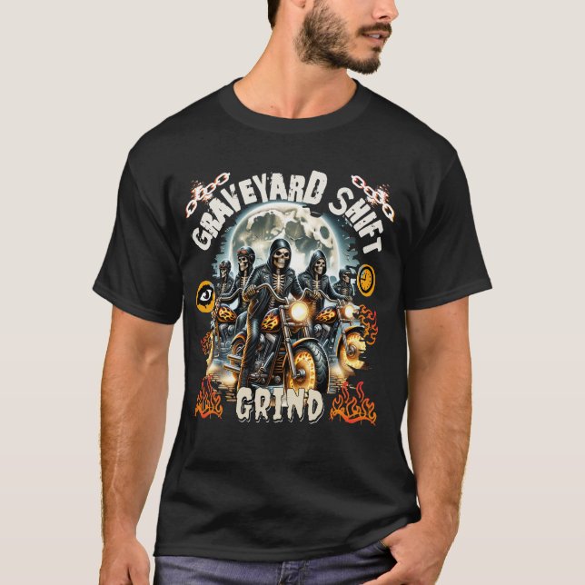 Graveyard Shift Grind Biker Skelette T-Shirt (Vorderseite)