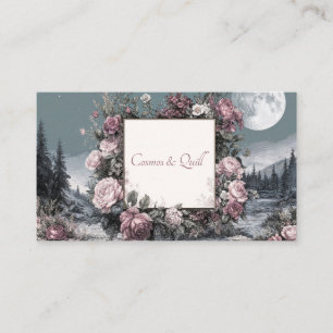Gravierte Rose Floral und Vollmond Nachtlandschaft Visitenkarte