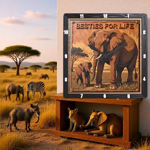 Gravierter Elefant Sonnenuntergang Savanne Quadratische Wanduhr