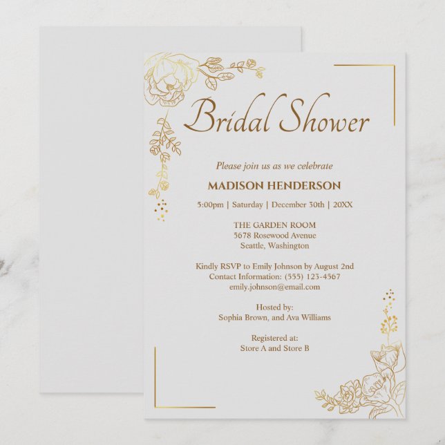 Gravur des Golden Floral Wedding Brautparty Einladung (Vorne/Hinten)