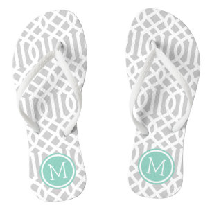 Gray and Aqua Trellis Monogram Flip Flops
