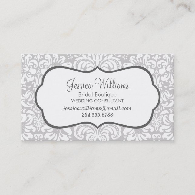 Gray and Charcoal Elegante Floral Damask Visitenkarte (Vorderseite)