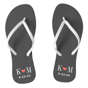 Gray and Coral Modern Wedding Monogram Flip Flops