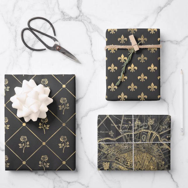 Gray and Gold Paris thematisch Geschenkpapier Set (Vorderseite)