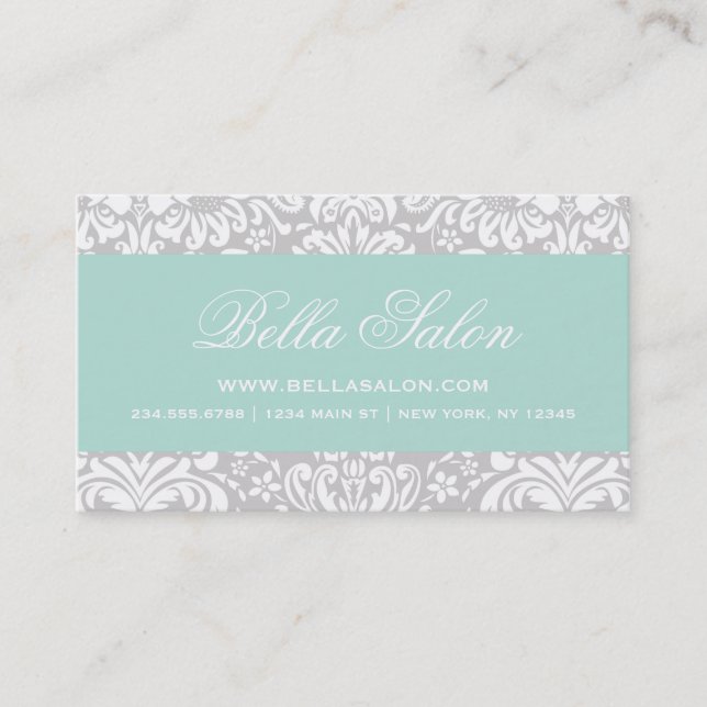 Gray and Mint Elegante Floral Damask Visitenkarte (Vorderseite)
