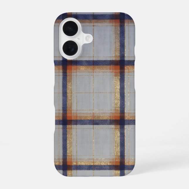 Gray and Navy Plaid with Gold Accent iPhone 16 Hülle (Rückseite)