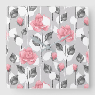 Gray and pink. Floral pattern Quadratische Wanduhr